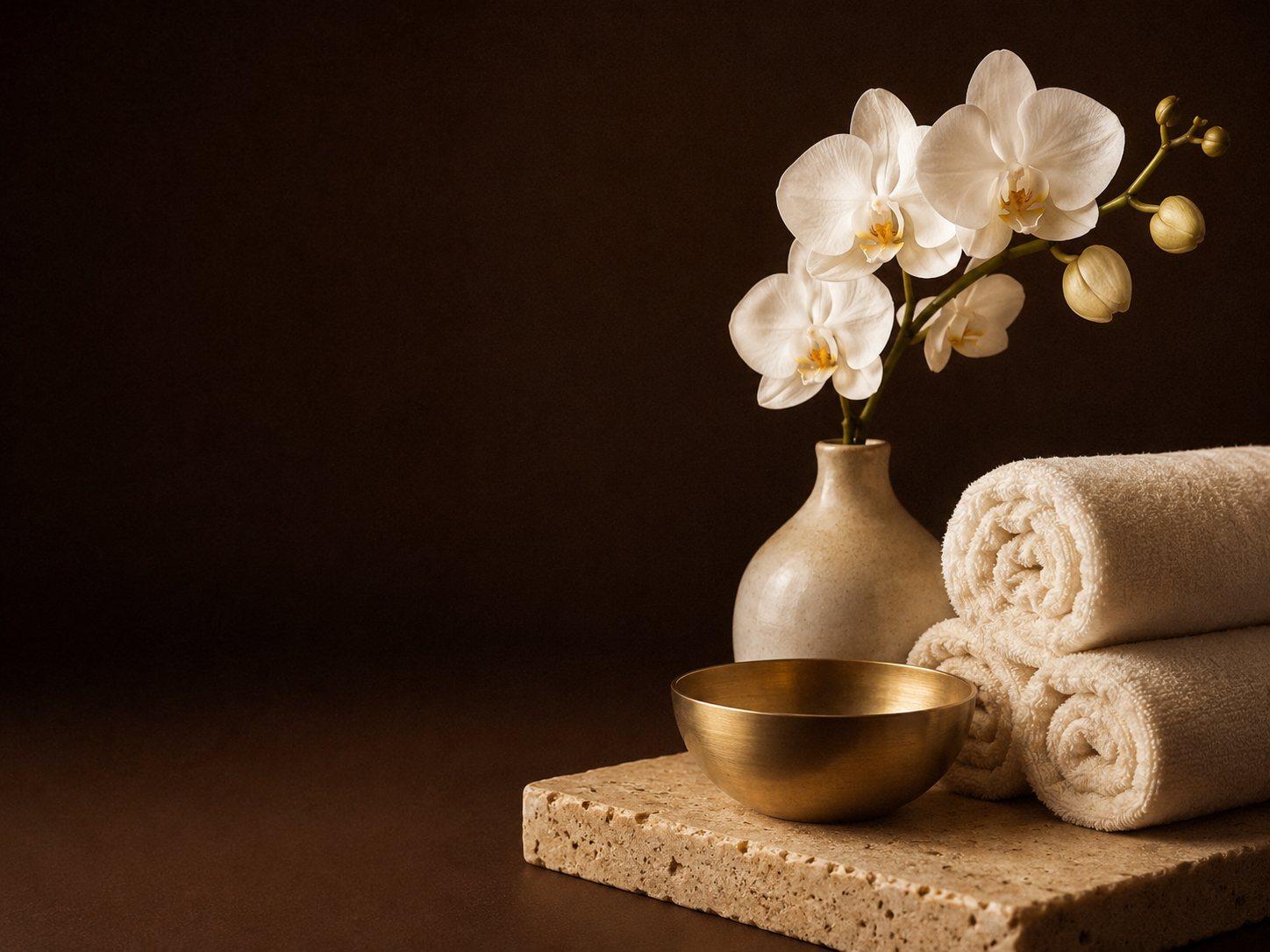Spa still life — cream towels, orchid, and warm golden light