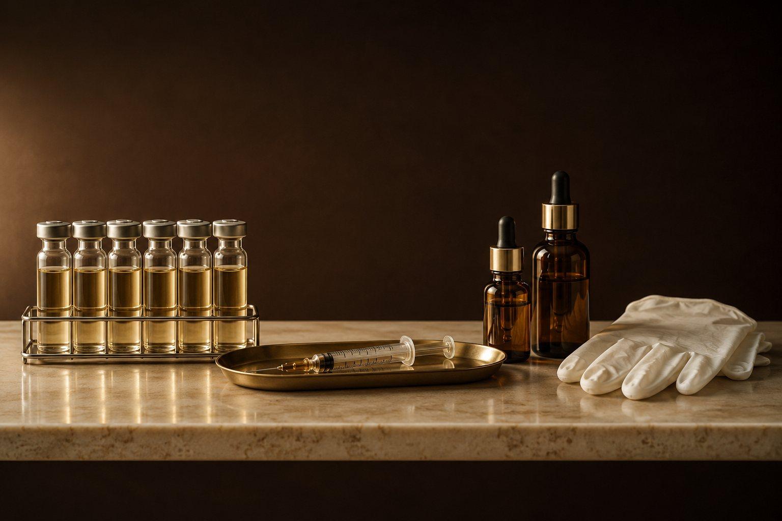 Medical aesthetics still life — serum vials, syringe, and gold tray